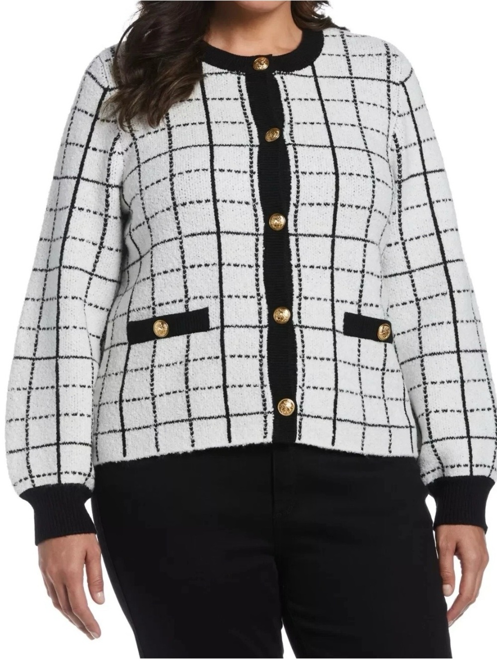 Ella Black and White Windowpane Cardigan Sweater